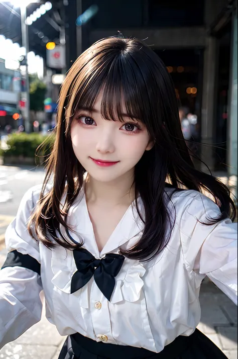 masutepiece, Best Quality, beautiful detailed hair detailed face, Perfect feminine face, Smile, Happy, Beautiful and cute girl with sparkly purple hair, Coloured White Shirt, Purple Striped Skirt, (Close-up pottrait:1.2), hair floatingin the wind, Standing...