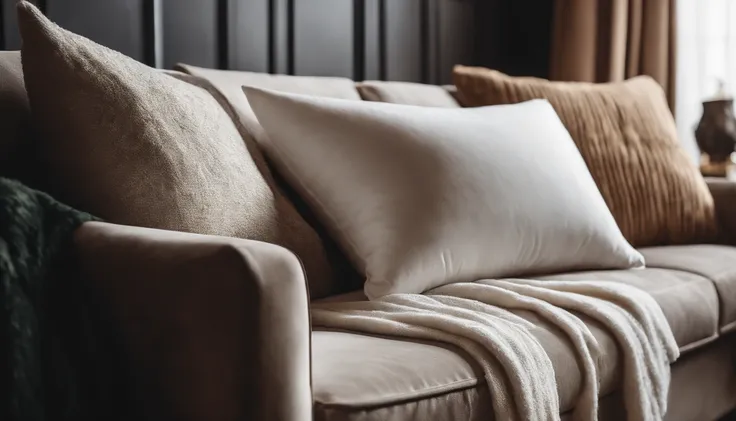 A blank white pillow mockup on a luxurious velvet sofa, surrounded by holiday-themed throw pillows and a plush winter blanket.