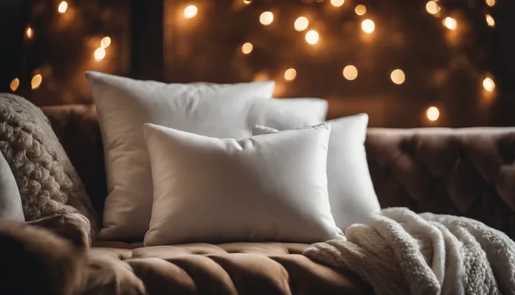 A blank white pillow mockup on a luxurious velvet sofa, surrounded by holiday-themed throw pillows and a plush winter blanket.