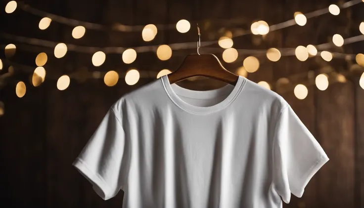 A blank white t-shirt mockup on a wooden hanger, hanging against a backdrop of sparkling silver and gold confetti, adding a celebratory feel to the holiday season.