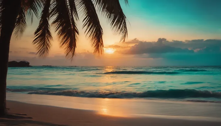 A vibrant, tropical beach setting with lush palm trees, crystal-clear turquoise waters, and a colorful sunset sky