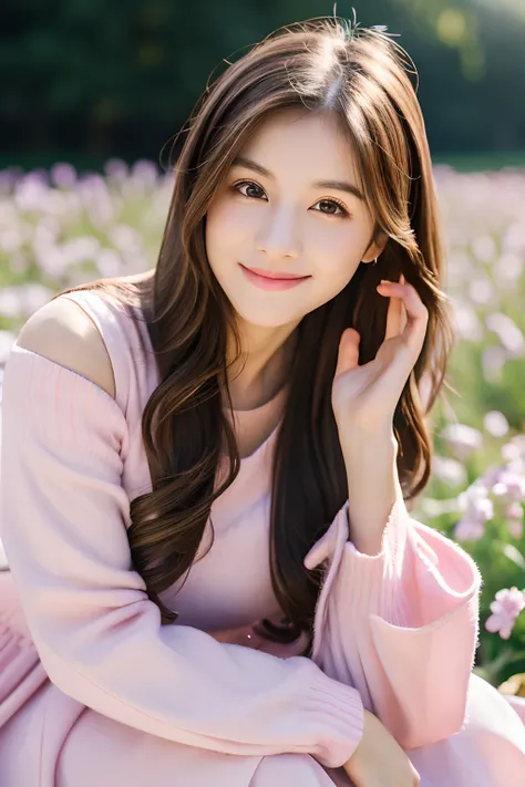 (masterpiece), (best quality), ultra high res, sharp focus, ((1 woman, solo)), upper body, medium long shot, MLS, background blur focus on face only, in the meadow of lily flower, (at the beautiful night time:1.2), beautiful detailed hair, chesnut brown ha...