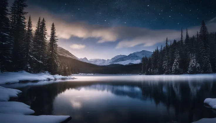 A mesmerizing winter wonderland featuring snow-covered mountains, evergreen forests, and a serene frozen lake reflecting the starry night sky