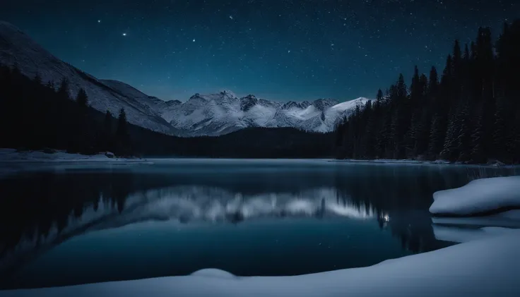 A mesmerizing winter wonderland featuring snow-covered mountains, evergreen forests, and a serene frozen lake reflecting the starry night sky