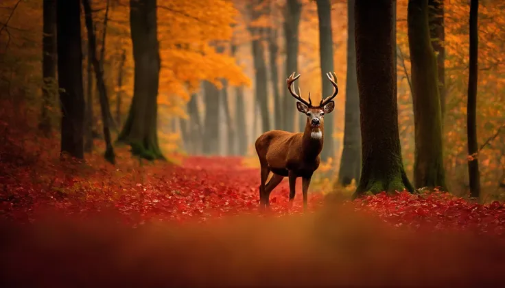 An enchanting forest scene with a dense canopy of autumn leaves in rich shades of red, orange, and gold, where deer graze peacefully amidst fallen foliage.