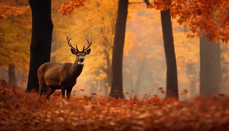 An enchanting forest scene with a dense canopy of autumn leaves in rich shades of red, orange, and gold, where deer graze peacefully amidst fallen foliage.