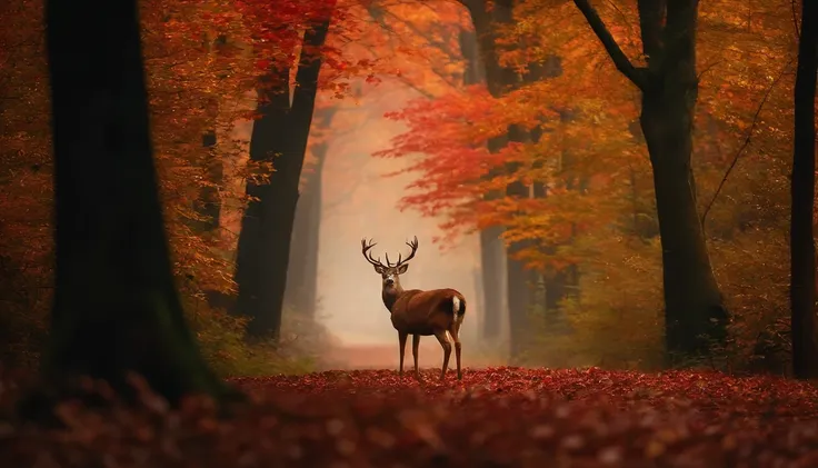 An enchanting forest scene with a dense canopy of autumn leaves in rich shades of red, orange, and gold, where deer graze peacefully amidst fallen foliage.