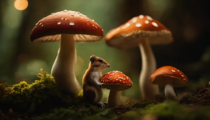 A whimsical, fairytale-inspired scene set in a magical forest, where vibrant mushrooms dot the forest floor and woodland creatures adorn the trees with twinkling lights.