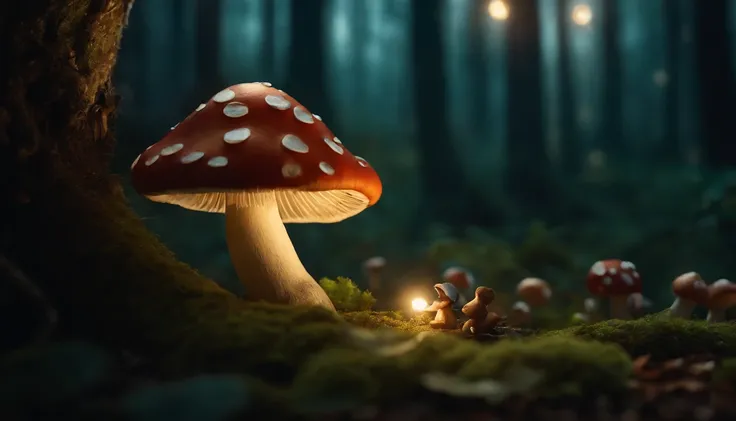 A whimsical, fairytale-inspired scene set in a magical forest, where vibrant mushrooms dot the forest floor and woodland creatures adorn the trees with twinkling lights.