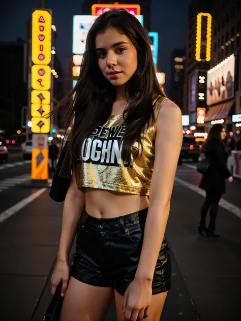 random cinematic portrait cute sexy outfit 22 years old girl straight hair, night in New York