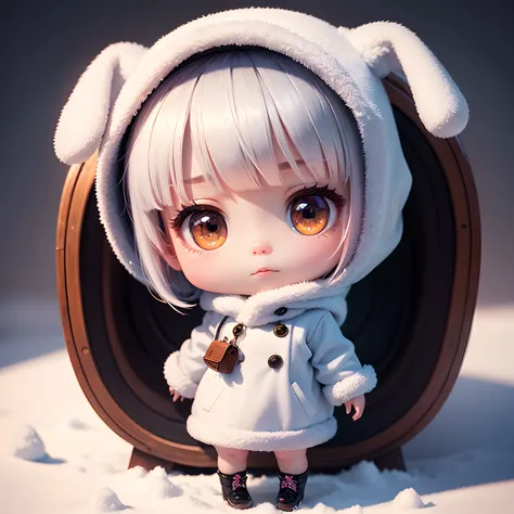 ​masterpiece、top-quality、ultra-detailliert、(Chibi Charas Daughter:1.2)、Girl in white bob bunny waiting for the remnants of winter