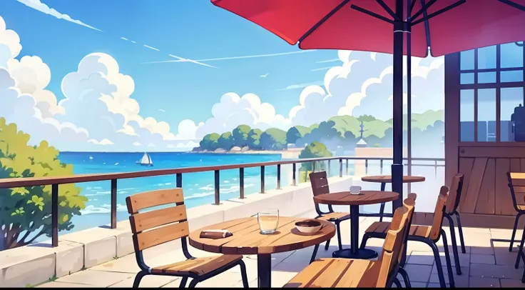 Beautiful landscape painting、Cafe terrace seating、blue-sky、ultra-quality、masutepiece、Natural Color、Brown dog drinking coffee