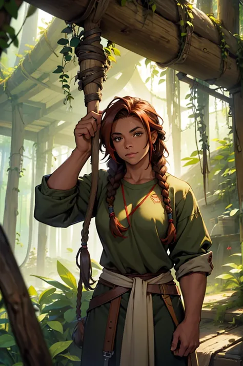 Art in colorful style Alex Horley, robust and muscular short dwarf girl, brown skin red dreadlock hair and braid, rustic attire leaves and vines, with a rustic spear in one hand, a pet boar, in the Amazon forest, ultra HD images.