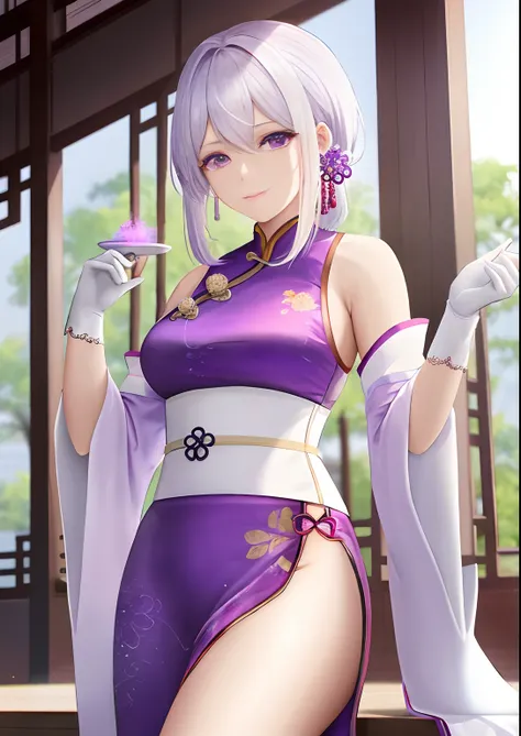 A woman，Watching the view，，White hair，Wear purple Hanfu，Long white gloves are worn on the elbows(Must be over the elbow)，Chinese Ancient Architecture