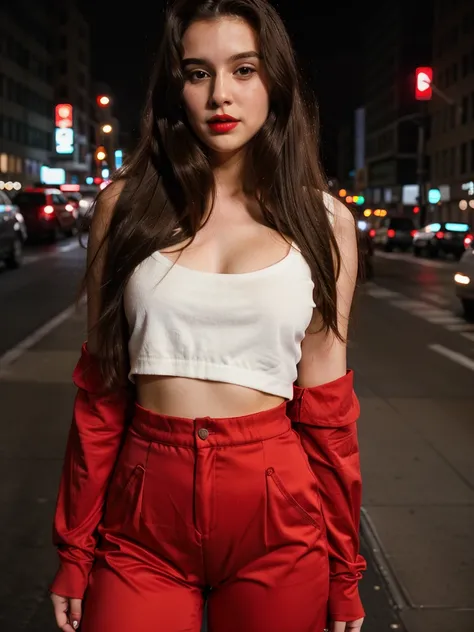 random cinematic portrait cute sexy outfit red lips 22 years old girl straight hair, night in New York