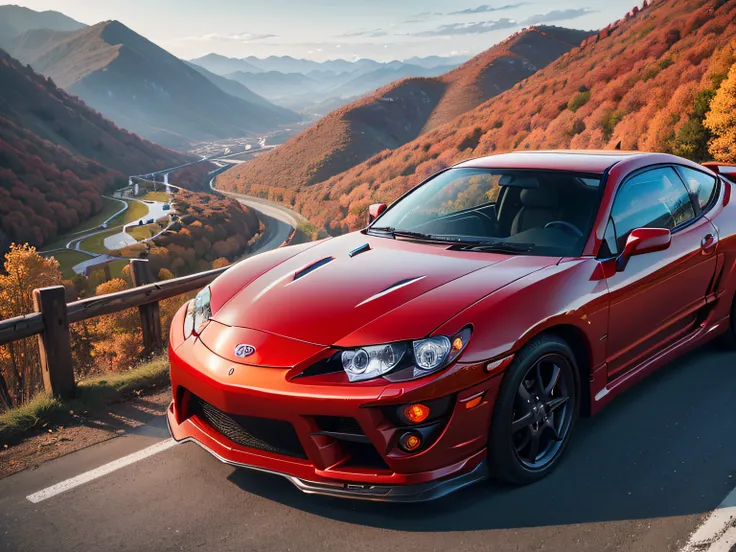 超A high resolution、An ultra-high picture quality、8K、Detailed details、marvelous expression、Late autumn valley、Beautiful autumn leaves、A red car driving gracefully on a mountain pass built along the mountain、((Toyota CelicaＸＸ2000 Twin Cam Turbo))