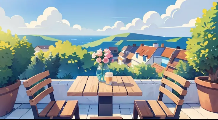 Beautiful landscape painting、Cafe terrace seating、blue-sky、ultra-quality、masutepiece、Natural Color、Brown dog drinking coffee