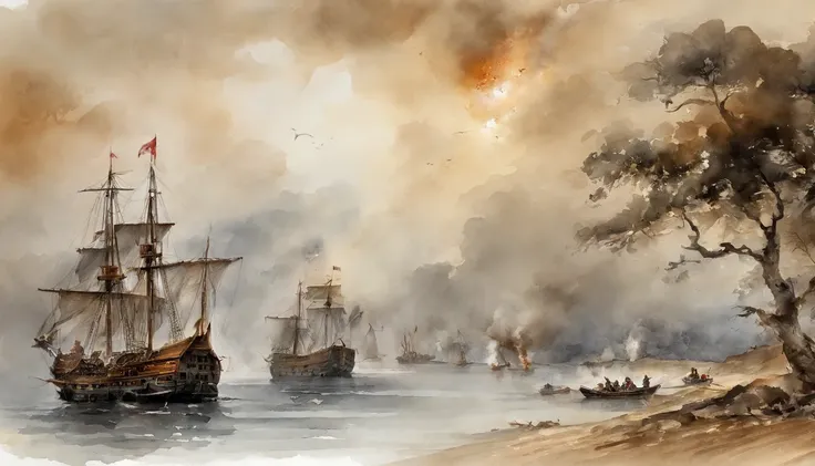 ink wash style，Burning sea，Burning ships，Smoke billowed out，Dimly lit sky，((the fire))，karo，cannon fire，（illustratio：1.0）、Epic composition、Realistic lighting、high definition detail、tmasterpiece、Best quality，（非常详细的 CG 统一 8k 壁纸）