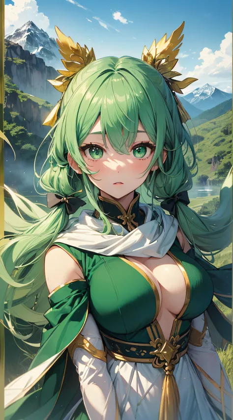 top-quality、Top image quality、​masterpiece、girl with((18year old、Best Bust、big bast,Beautiful green eyes、Breasts wide open, Green Twin Tail、a little muscular、Large valleys、Reflecting the whole body、Green Scarf、White robed clothes、Hold a bow and arrow with ...