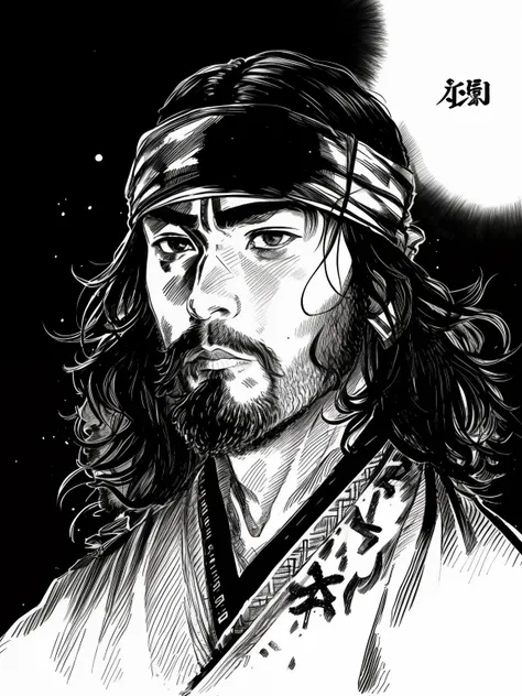 a drawing of a man with a beard and a bandana, inspired by Yoshihiko Wada, takehiko inoue, seinen manga portrait, samurai man vagabond, inspired by Yasutomo Oka, manga style of kentaro miura, inspired by Sōtarō Yasui, kentaro miura manga style, kentaro miu...