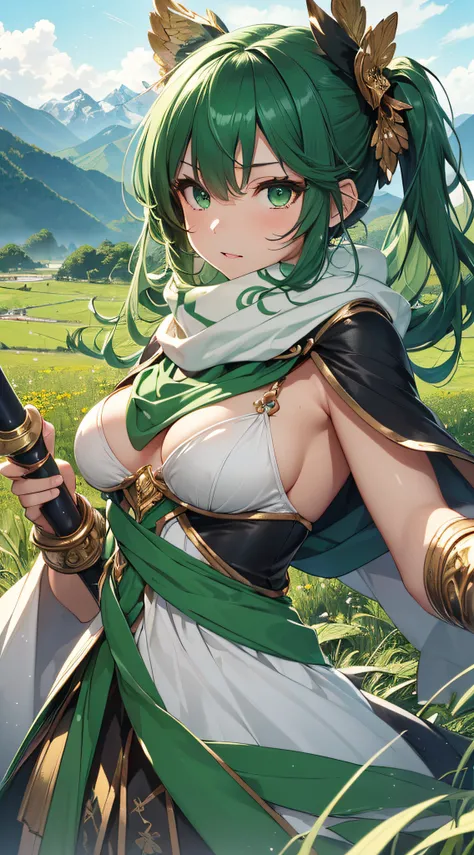 top-quality、Top image quality、​masterpiece、girl with((18year old、Best Bust、big bast,Beautiful green eyes、Breasts wide open, Green Twin Tail、a little muscular、Large valleys、Reflecting the whole body、Green Scarf、White robed clothes、Holding a rapier with both...