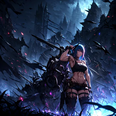 1 girl, solo, Irys, aberrant colours, flamy blue hair, very long hair, heterochromic eyes, large breasts, muscular physique, grey tank-top, black  elbow gloves, tattered and torn black short trousers, black leg fishnets, equipping brass knuckles, otherworl...