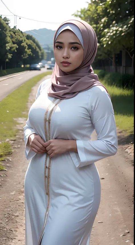 RAW, Best quality, high resolution, masterpiece: 1.3), Beautiful Malay woman in hijab (iu:0.8), wearing white baju kurung, jacket, walking on a rural street in the morning, big saggy breasts, slim waist, wide hips, thighs thick, photo taken using Panavisio...