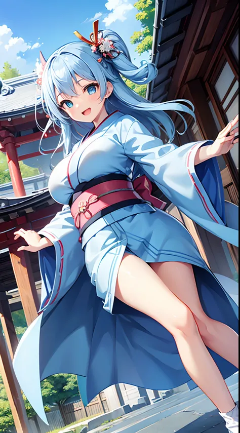 1 girl, game CG, light blue kimono, hair ornament, gigantic breasts, light blue hair, middle hair, two side up, blue eyes, Japanese shrine, dynamic, happy, outstretched arms,