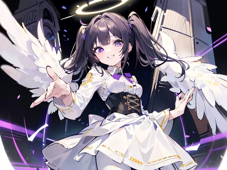 (solo, from below, dynamic pose, white skirt, black hair, twintails, white skirt, white pantyhose, corset, halo, delicate face, little girl, medium breast, round eyes, wing on the waist, purple eyes, god ray, smile with grin, happy:1.2)