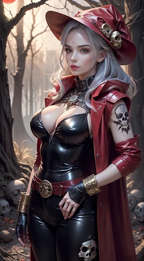 full body Esbian, of the highest quality, Intricate details , (Fine skin, Shiny skin, Shiny hair, pale complexion，Big breasts), 　Red sky,　Red Moon， in woods, ((Skull Mark)), ambitious, Seductive Woman, Gray hair, Long hair, Hair fluttering in the wind, Sku...