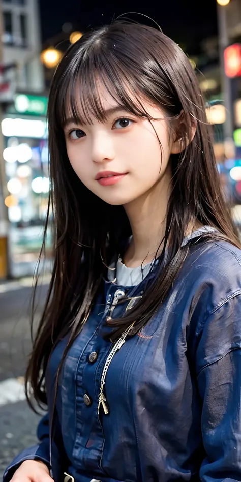 1girl, Tokyo street,night, cityscape,city lights,upper body,close-up,smile,, (8k, RAW photo, best quality, masterpiece:1.2),(realistic, photo-realistic:1.37),