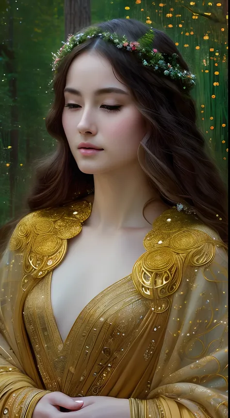 high quality, highly detailed, Envision a hyper-realistic portrait inspired by the enchanting style of Gustav Klimt, set in a magical twilight forest. The captivating stunning woman, adorned in flowing robes reminiscent of Klimts golden period, stands amid...