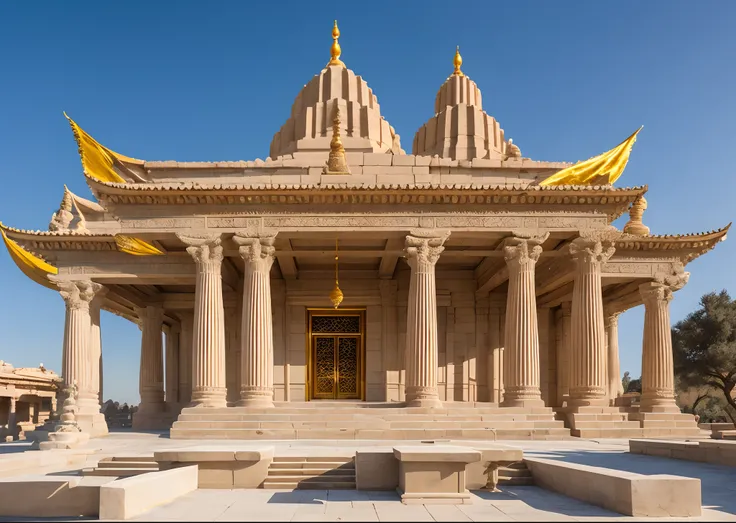 White sandstone temple with golden accents of the exterior