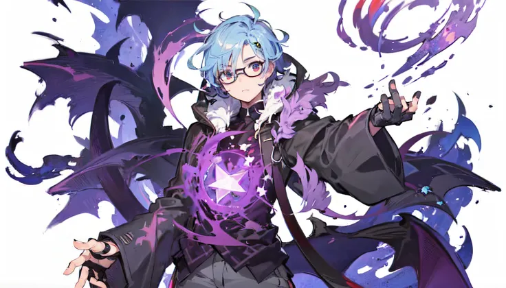 Masterpiece, Best quality, Boy student, Short hair, Blue hair, eye glass, Demon King,