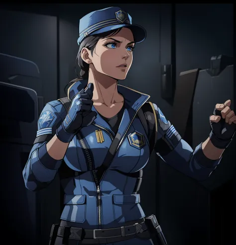 woman in a blue police jacket and hat, holding fists up, glamorous jill valentine, in a dark space mercenary outfit, female lead character, female character, as a character in Mortal Kombat, video game character, Sonya Blade from Mortal Kombat, sci fi fema...