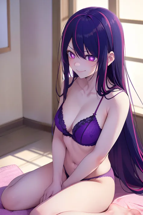 1girl, Hoshino Ai, long hair, purple hair, streaked hair ,purple eyes, (star-shaped pupils:1.2), sexy, lingerie, foot, toenails, smirk, full body, sitting in cozy room, looking away, looking at viewer, depth of field, sharp focus