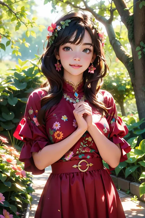 wide angle shot, (best quality, ultra-detailed, realistic:1.37), vivid colors, soft lighting, enchanting scene, Lily, dark-haired girl, red dress, magical tree, blooming flowers, sparkles, whimsical atmosphere, dreamy setting, joyful expression, radiant su...