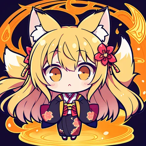 Illustration, Golden Fox、Lots of Tails、Golden Eyes、length hair、Golden hair、a large amount of hair、(1 girl in,Little girl,chiquita),Traditional kimono,Black kimono,a lot of big fox tails、(Golden Eyes、Fox ears、length hair、Golden hair,Hair flowing in the wind...