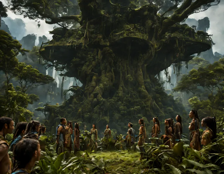 (basado en la pelicula avatar), Scene where Naytiri the Female Na ́vi, se encuentra en el poblado  con su tribu en la hoquedad del gran arbol,, (detalles intrincados de la maquina de alta calidad), estilo cinematografico, nitidez absoluta, imagen 8k.(obra ...