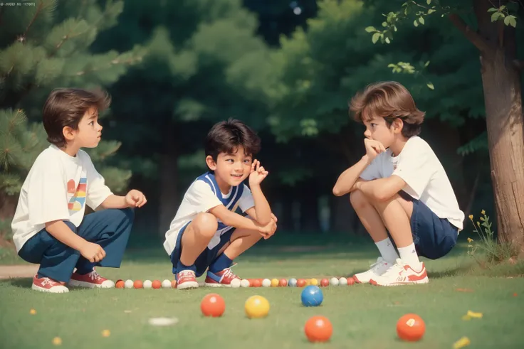 Year: 1988. Location: Northern Spain. two 11-year-old boys, disheveled hair, elementary school, recess, playing marbles, ((trying not to laugh)), hand over his mouth, ((("OMITB" cinematography)))