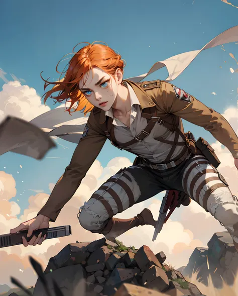 Attack on titan, ginger girl, blue eyes, freckles, brave