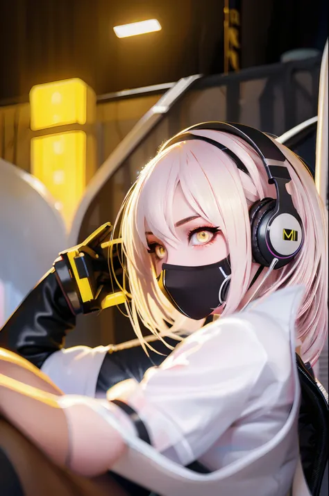 girl with long yellow hair, yellow eyes, futuristic vibes, mask on mouth, headphones, 8k, high quality, simple background, glowing eyes, nice pose