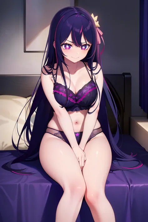 1girl, Hoshino Ai, long hair, purple hair, streaked hair ,purple eyes, (star-shaped pupils:1.2), sexy, lingerie, foot, toenails, smirk, sitting in cozy room, looking away, looking at viewer