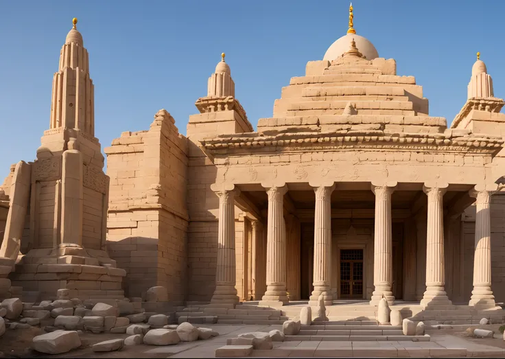 White sandstone temple with golden accents of the exterior