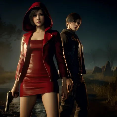 Ada wong, beautiful face, bob hair, perfect Face, wearing mini red rose dress hoody, black nail polish, glare expression, little smile, holding a gun