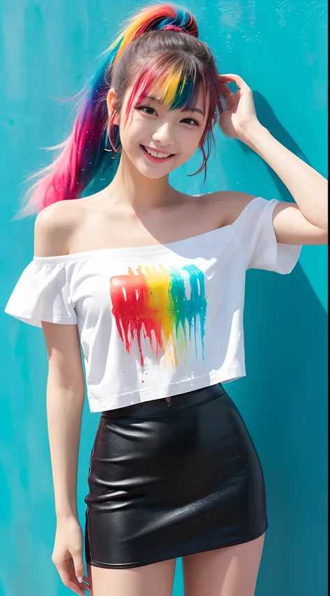 (solid background with vivid colored acrylic paint splashes:1.3), 1girl, (hair dyed with multiple colors:1.4), (ponytail hair), (small fresh, wipe chest), (white off-shoulder fashion T-shirt, leather mini skirt), (), (Highest Image Quality, Masterpiece), (...