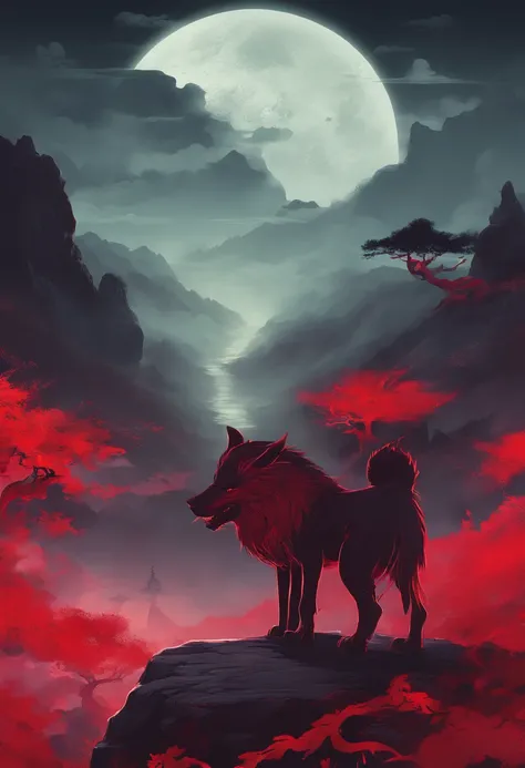 china style，Chinese mythology，drak，tosen，Fierce，immensity，Very long canines, Eyes glow red，Luminous effect，High hills，Cloud，it is night