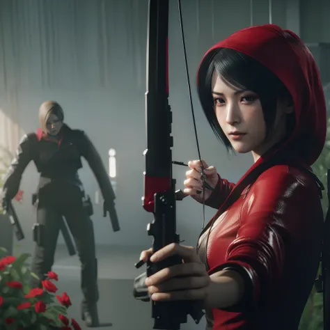 Ada wong, beautiful face, bob hair, perfect Face, wearing mini red rose dress hoody, black nail polish, glare expression, little smile, holding a gun