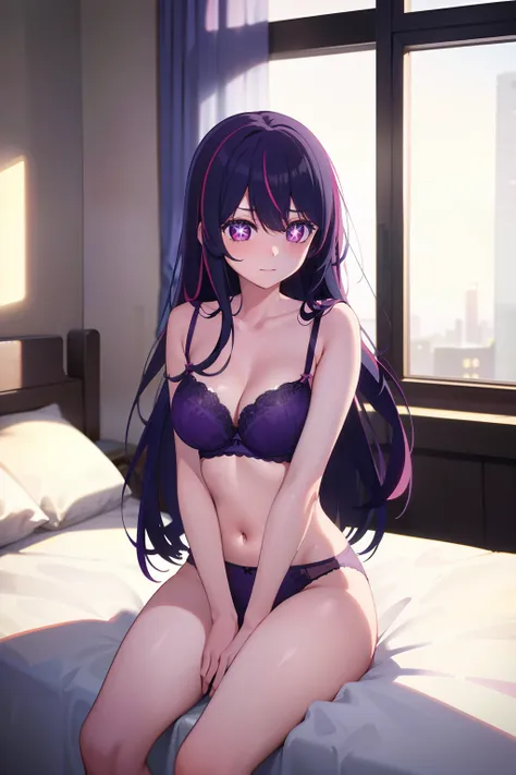 1girl, Hoshino Ai, long hair, purple hair, streaked hair ,purple eyes, (star-shaped pupils:1.1), sexy, lingerie, sitting in cozy room, looking away, looking at viewer