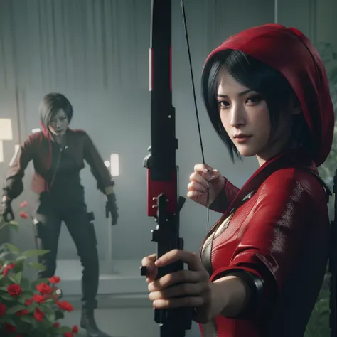 Ada wong, beautiful face, bob hair, perfect Face, wearing mini red rose dress hoody, black nail polish, glare expression, little smile, holding a gun